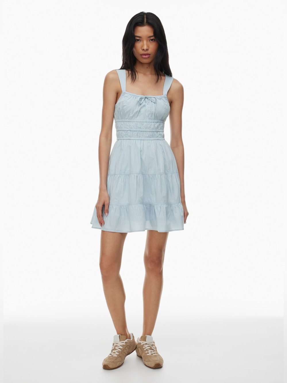ARITZIA SUNDAY BEST Martine Poplin Dress Mini Cotton Light Blue Ruffled Tie Sz S